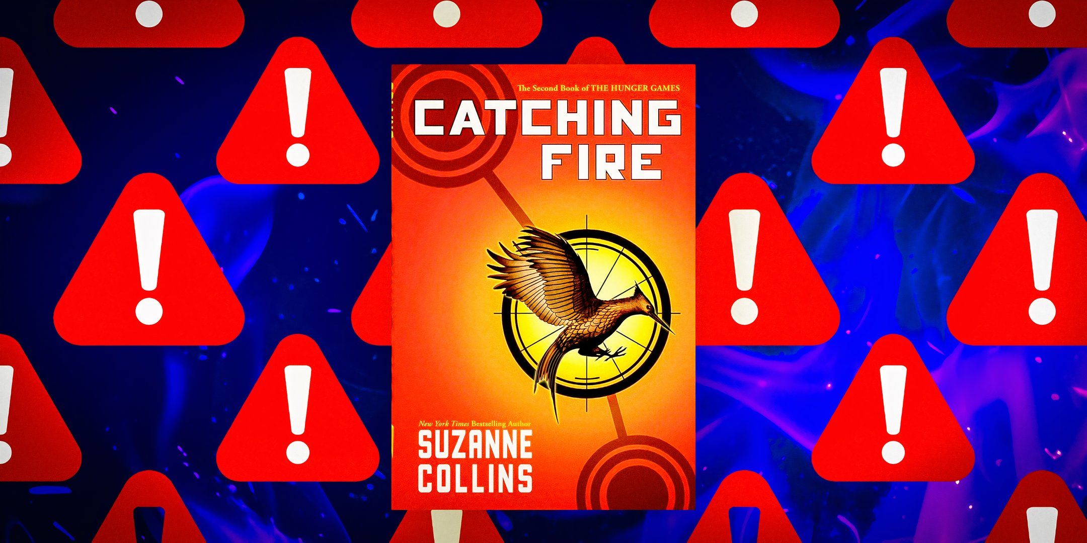 The cover of Catching Fire sits in front of a vibrant background.
