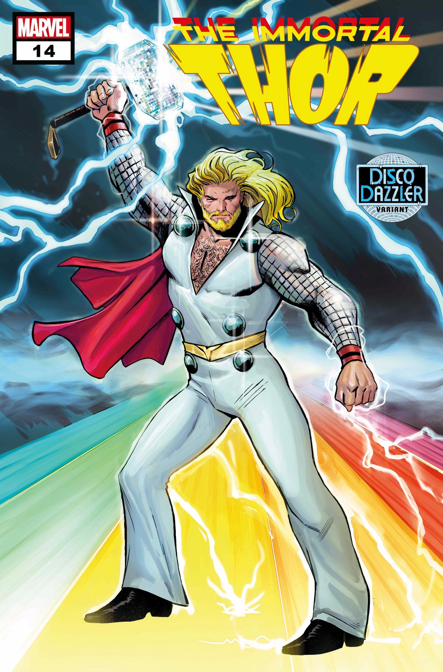 Cuadrícula #14, "discoteca deslumbrante" portada variante que presenta a Thor en un tributo nocturno febril.