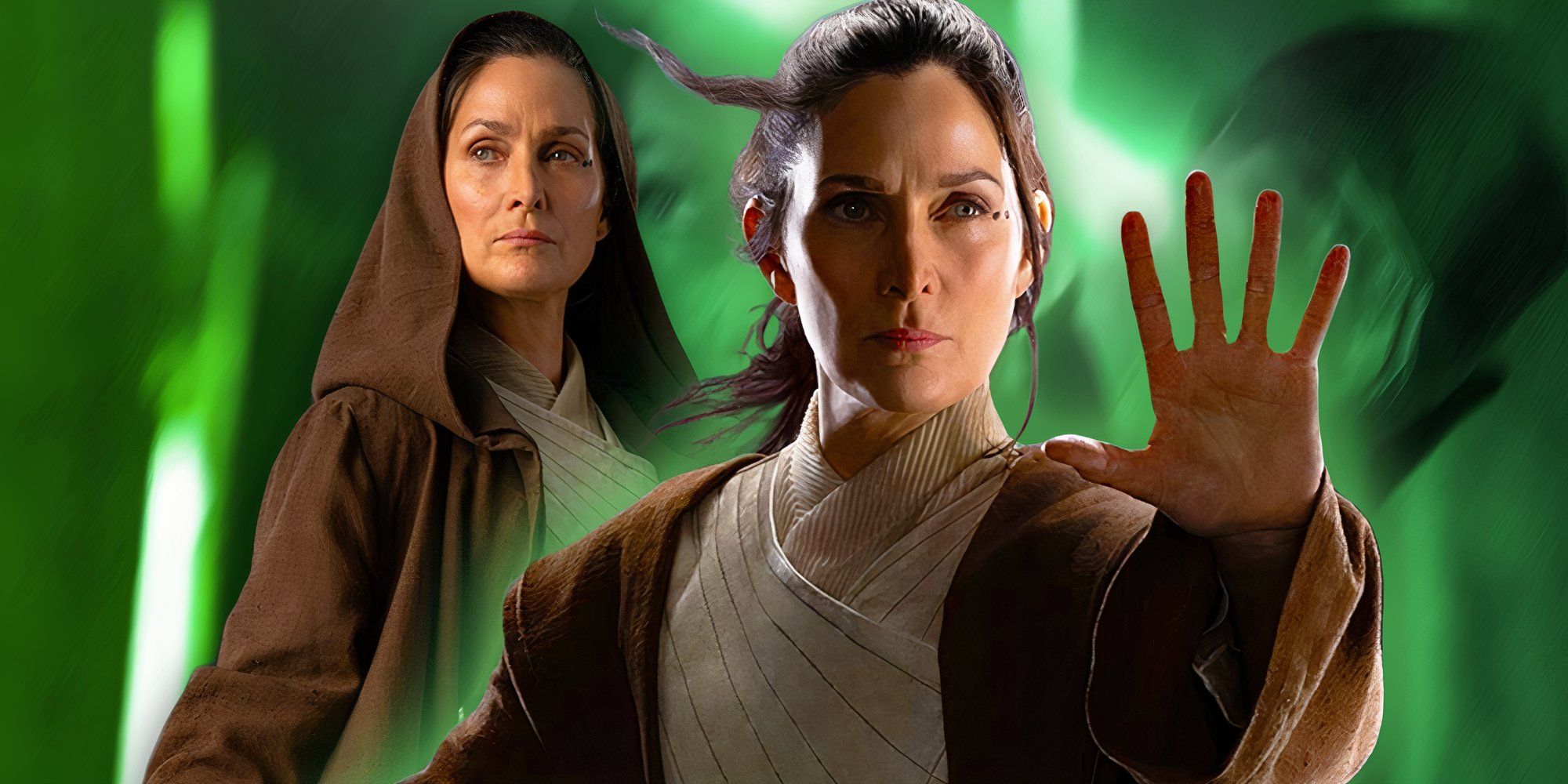 Carrie-Anne Moss as Master Indara stands with her hood up and uses the Force, edited together over a green background