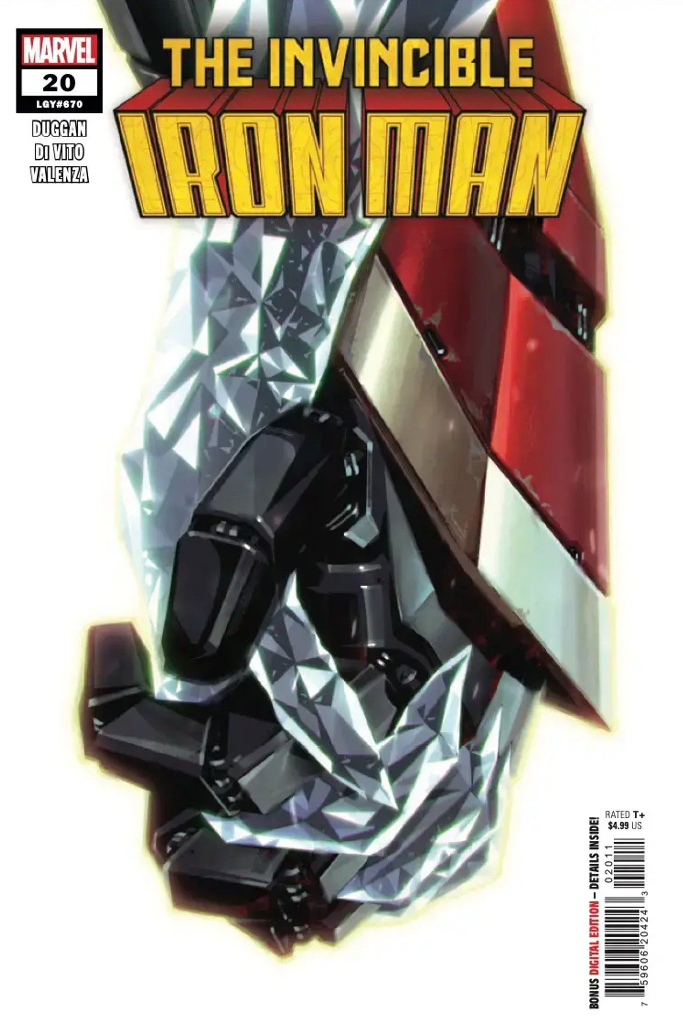 Capa de Invincible Iron Man #20, Homem de Ferro segurando a mão de diamante de Emma Frost.