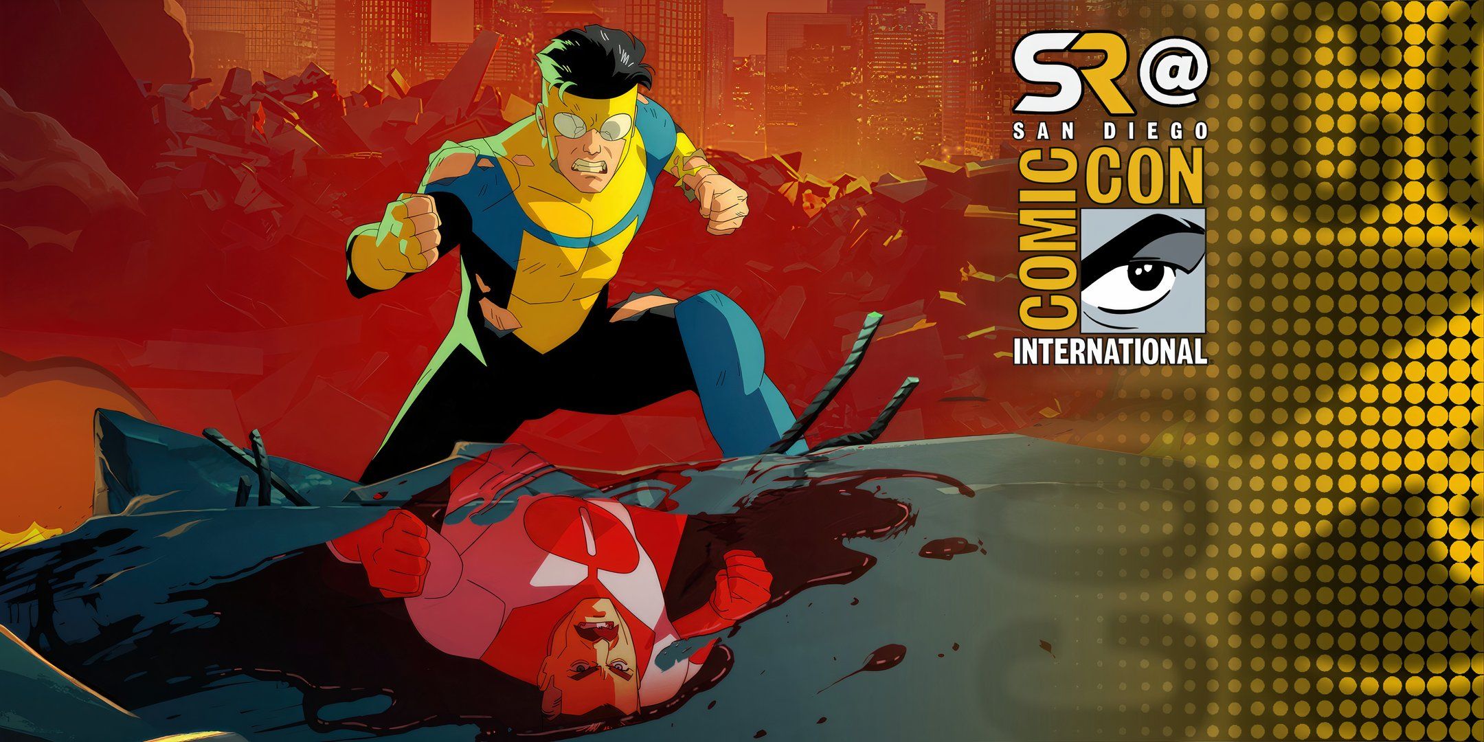 Invincible and Omni Man from Invincible season 2 with SDCC 2024 overlay