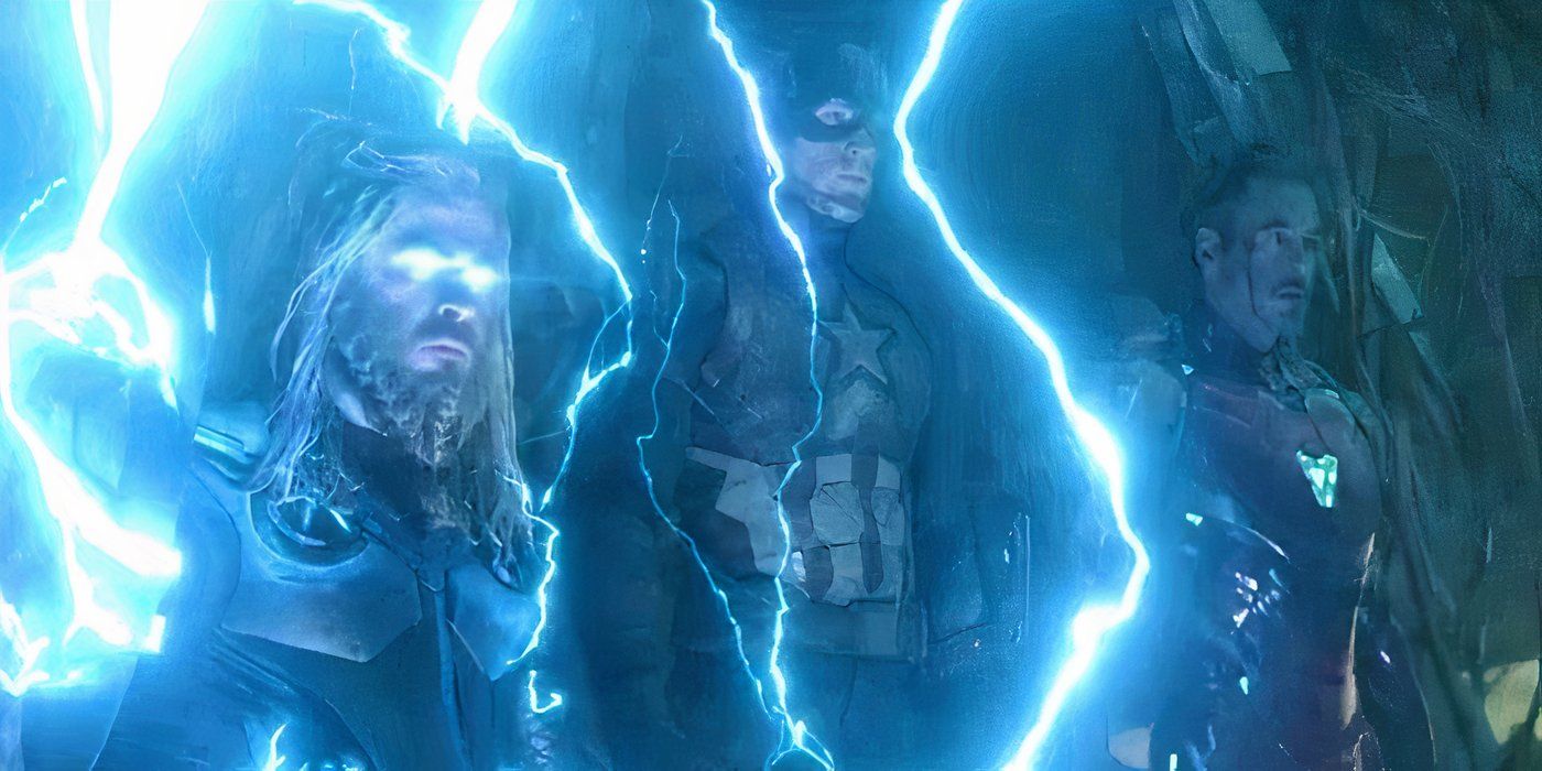Homem de Ferro, Capitão América e Thor, com seus raios, estão prontos para lutar contra Thanos em Vingadores: Ultimato