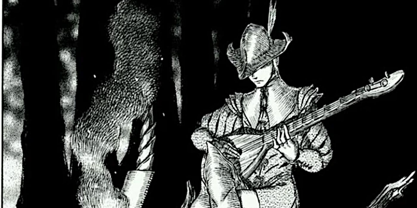 Irvine playing music by the fire in Berserk