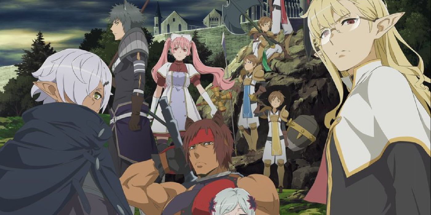 Is It Wrong To Try To Pick Up Girls In a Dungeon's season 5 cast standing near a rocky outcropping with their weapons as they look pensive.