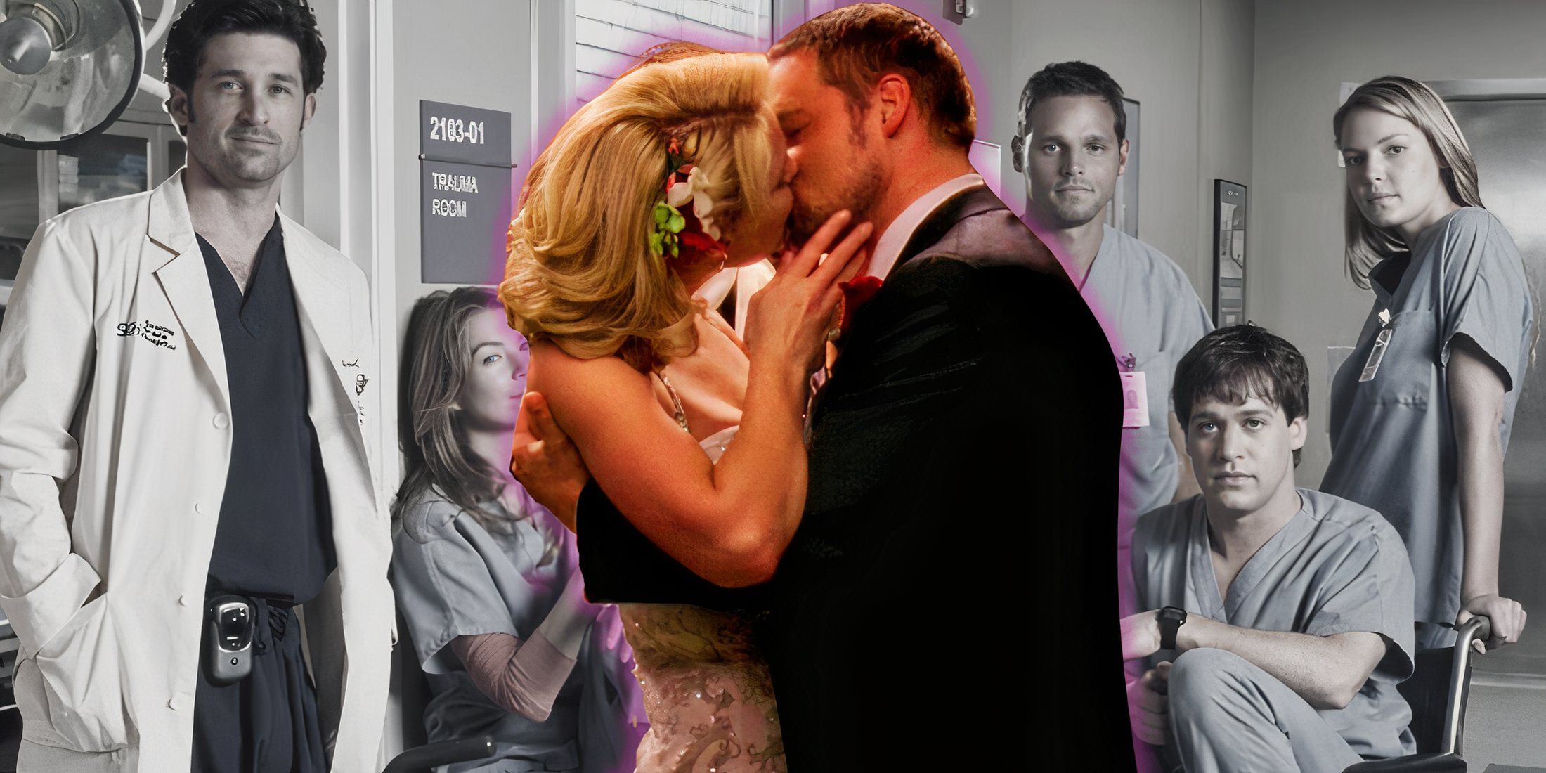 A composite image features Izzie Alex kissing on their wedding day over a background of the original cast of Greys Anatomy