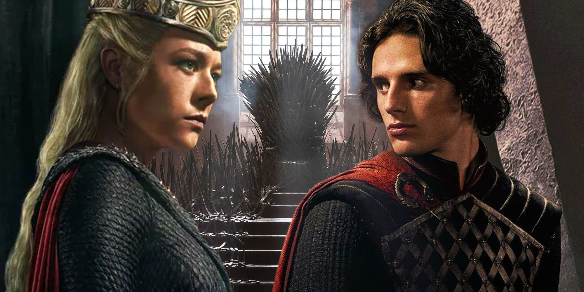 Jacaerys Velaryon e Rhaenyra Targaryen em seus pôsteres de personagens para a 2ª temporada de House of the Dragon (2024) de cada lado do Trono de Ferro