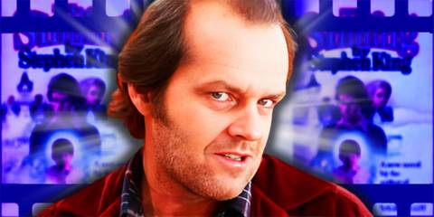 Jack Nicholson In The Shining In Front of Stephen King's Book Cover