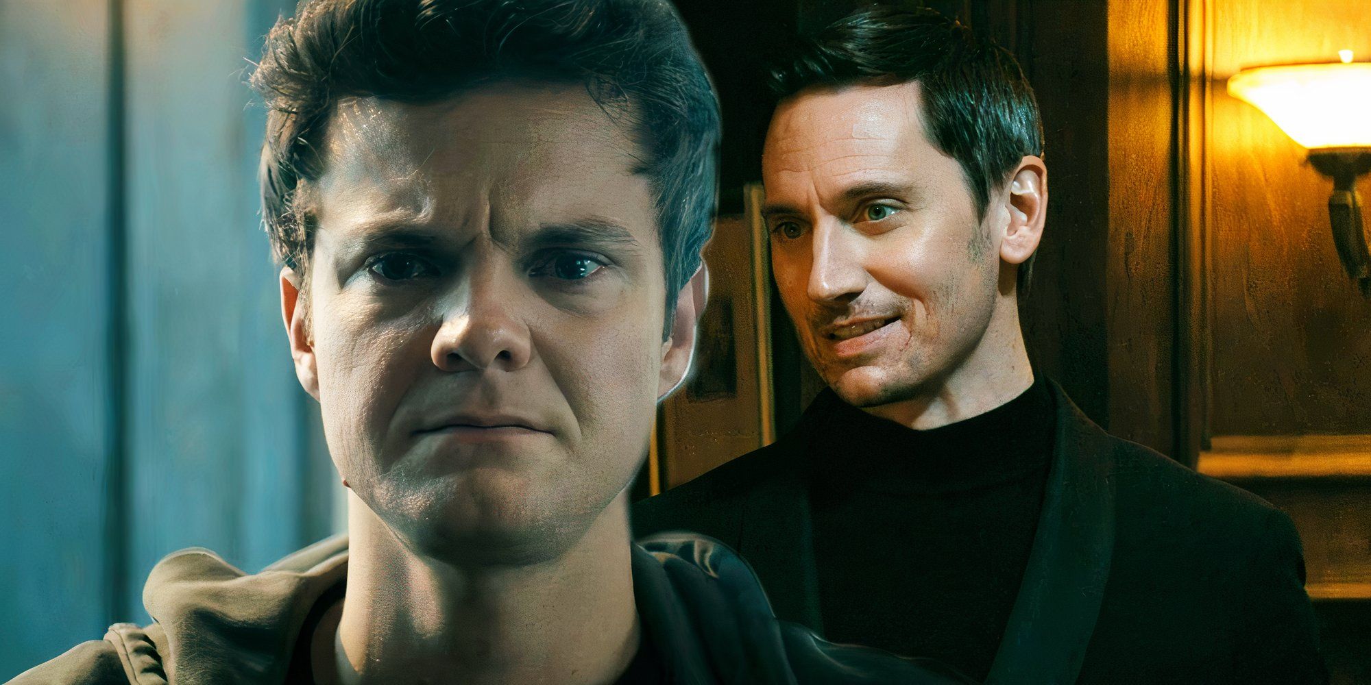 Jack Quaid looking angry as Hughie Campbell while Tek Knight smiles in The Boys