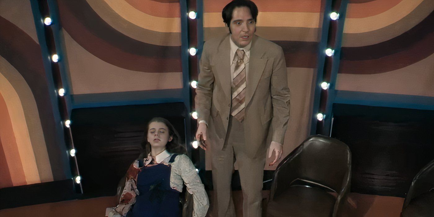 Jack Delroy (David Dastmalchian) standing above a dead Lilly (Ingrid Torelli) in Late Night with the Devil