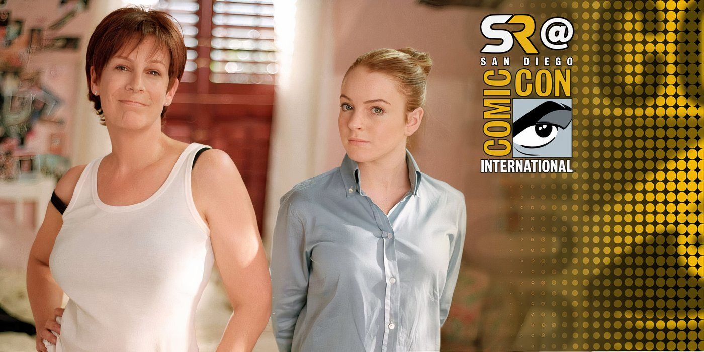 Jamie Lee Curits and Lindsay Lohan posing in a bedroom on the set of Freaky Friday with SR SDCC overlay