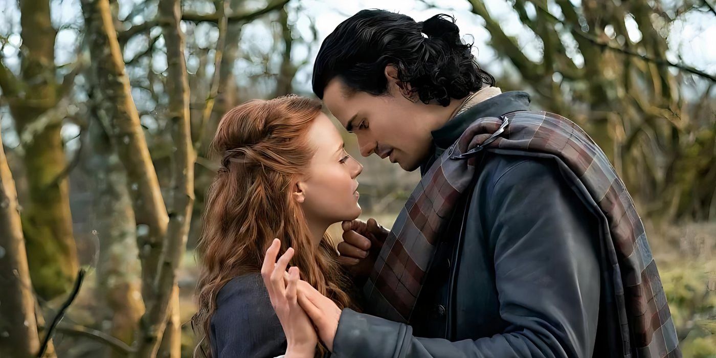 Jamie Roy como Brian Fraser e Harriet Slater como Ellen MacKenzie tocam as testas em Outlander - Blood of my Blood