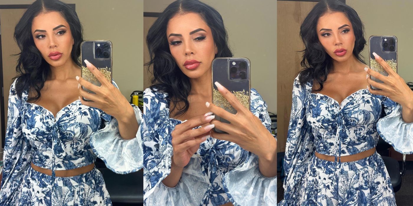 Jasmine Pineda In 90 Day Fiance collage in blue and white printed co-ord set in front of a mirror taking a selfie