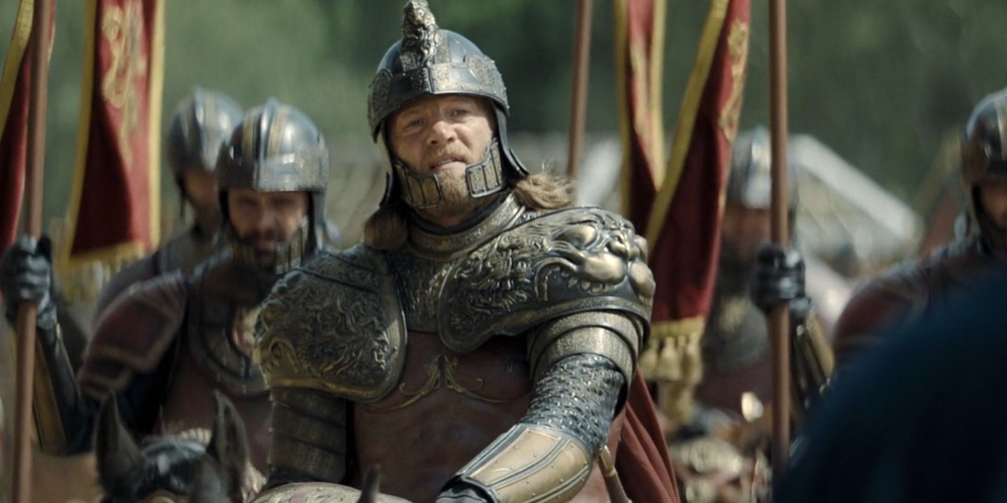 Jason Lannister (Jefferson Hall) in armor with knights behind him in House of the Dragon season 2 episode 6