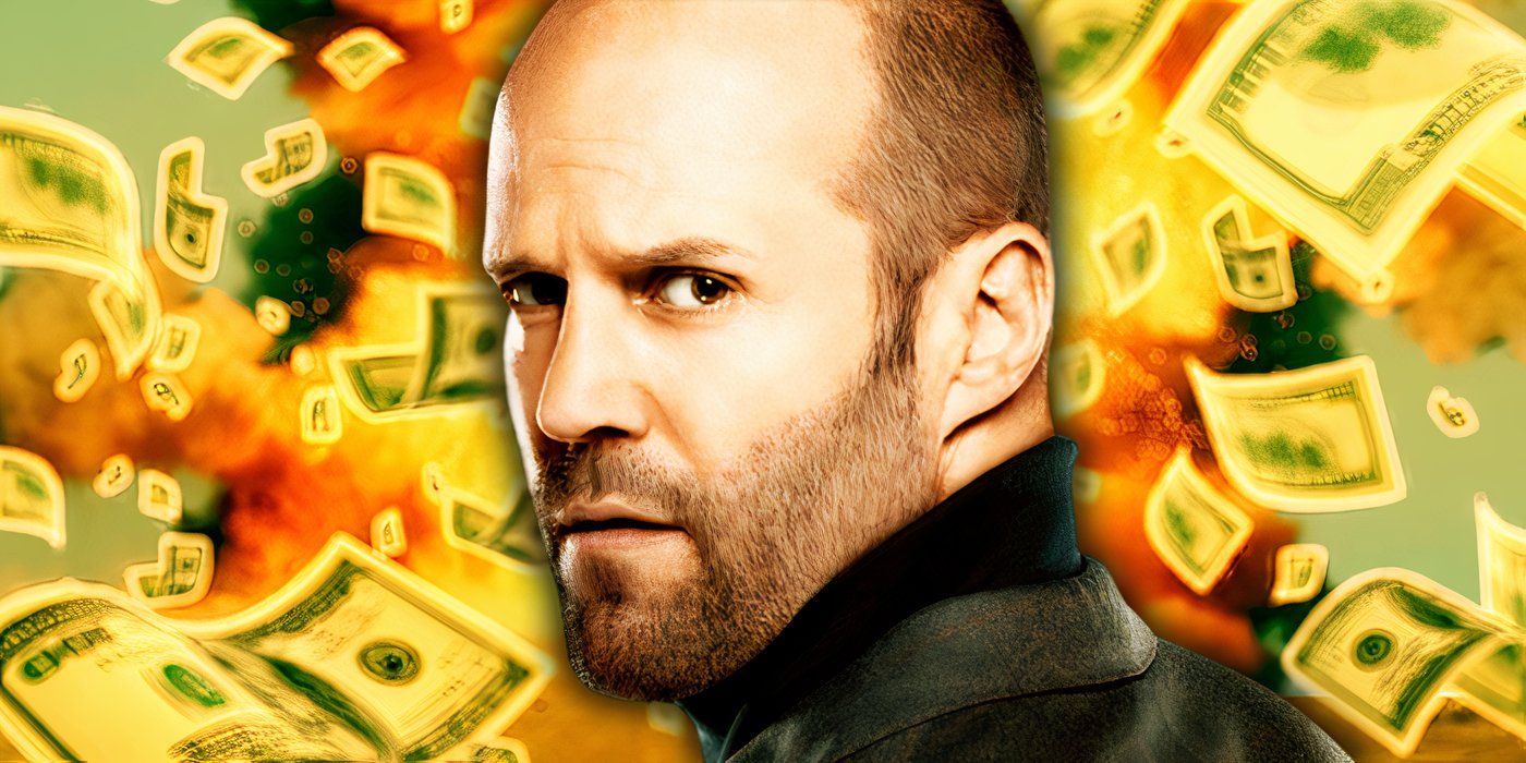 Jason Statham with money behind him