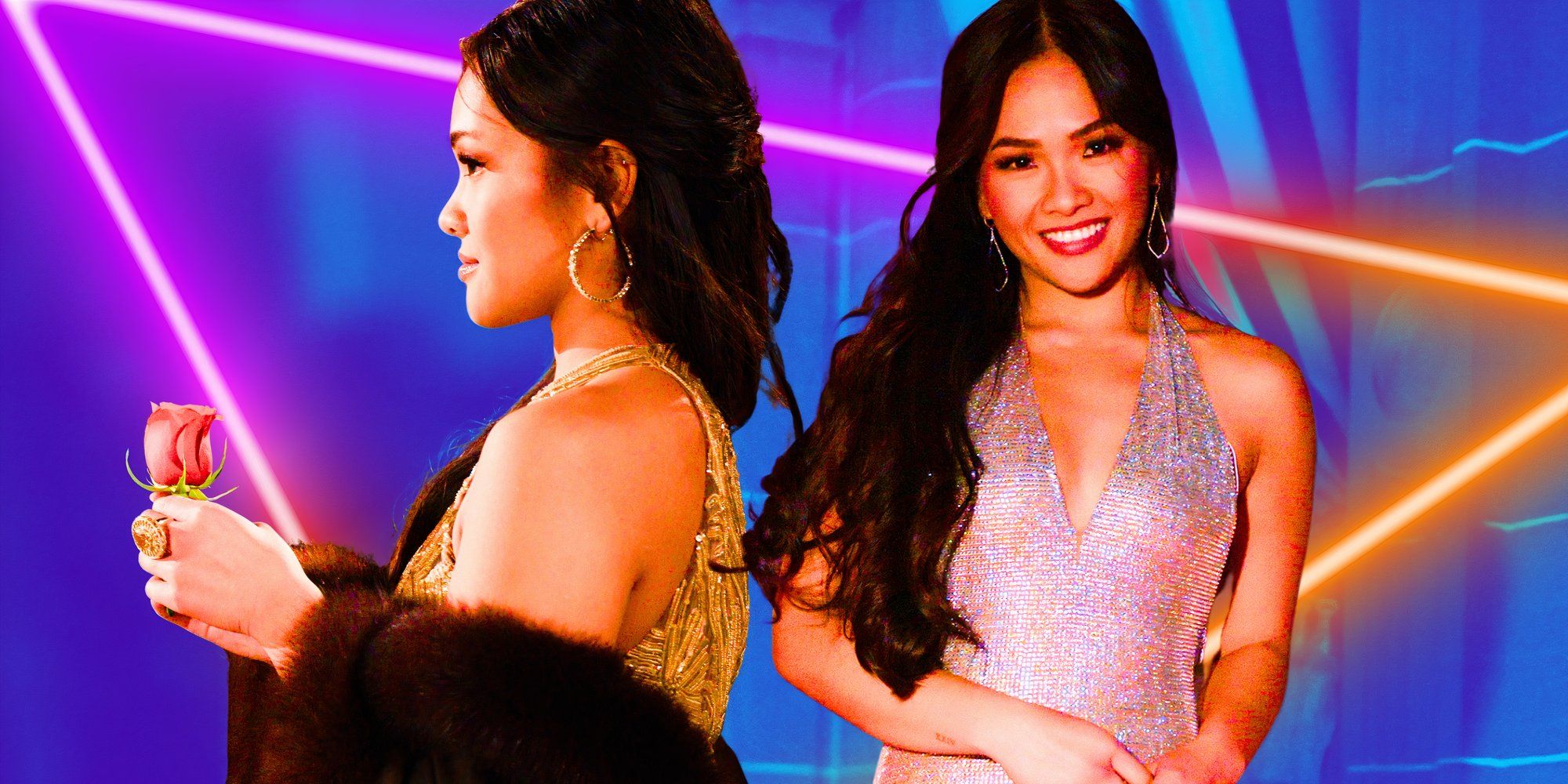 jenn trann the bachelorette montage featuring jenn in formalwear and blue background