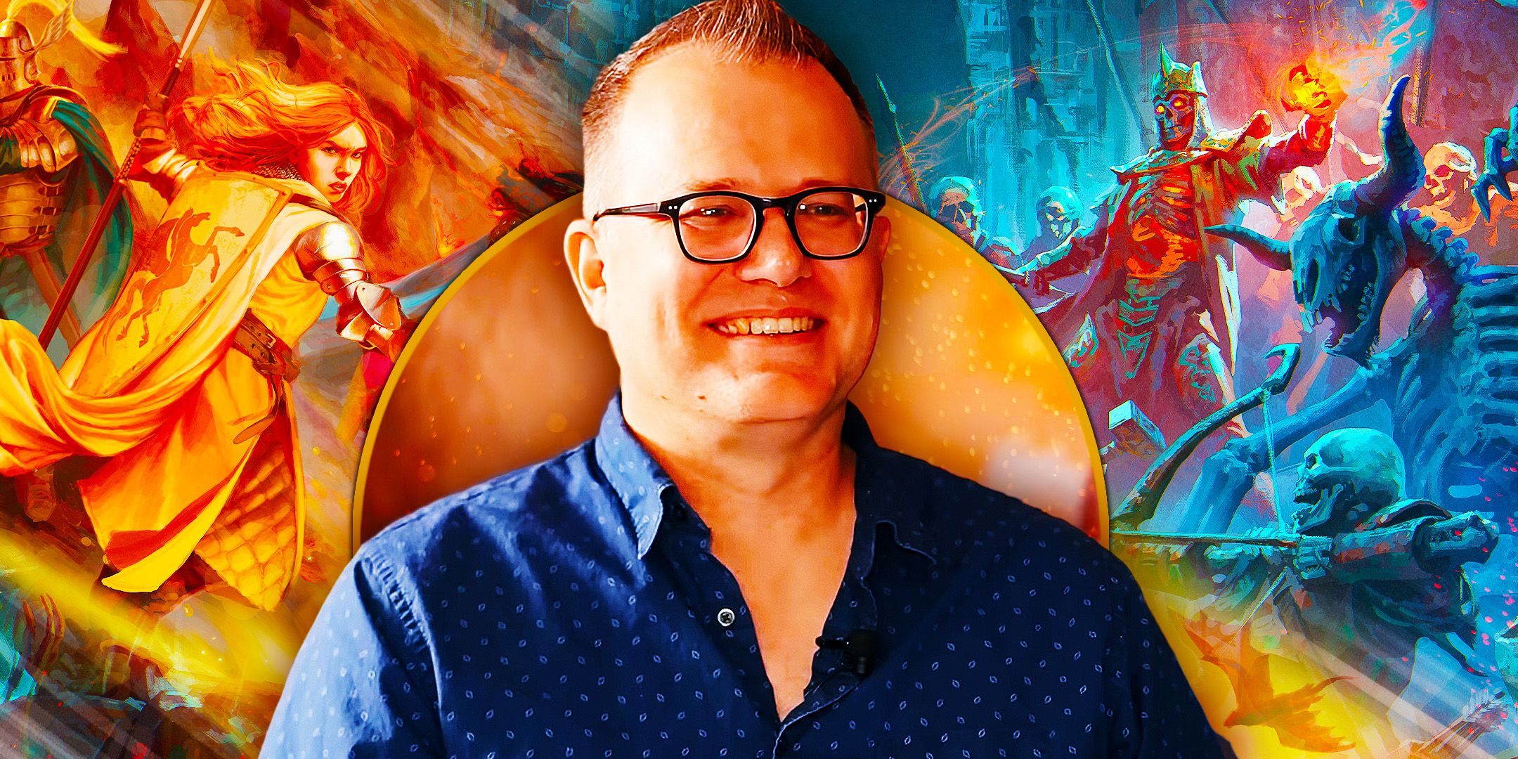 An image of D&D lead designer Jeremy Crawford in front of art from the 2024 core rulebooks.