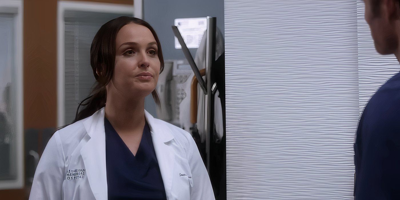 Jo (Camilla Luddington) parecendo triste em seu uniforme de hospital em Grey's Anatomy