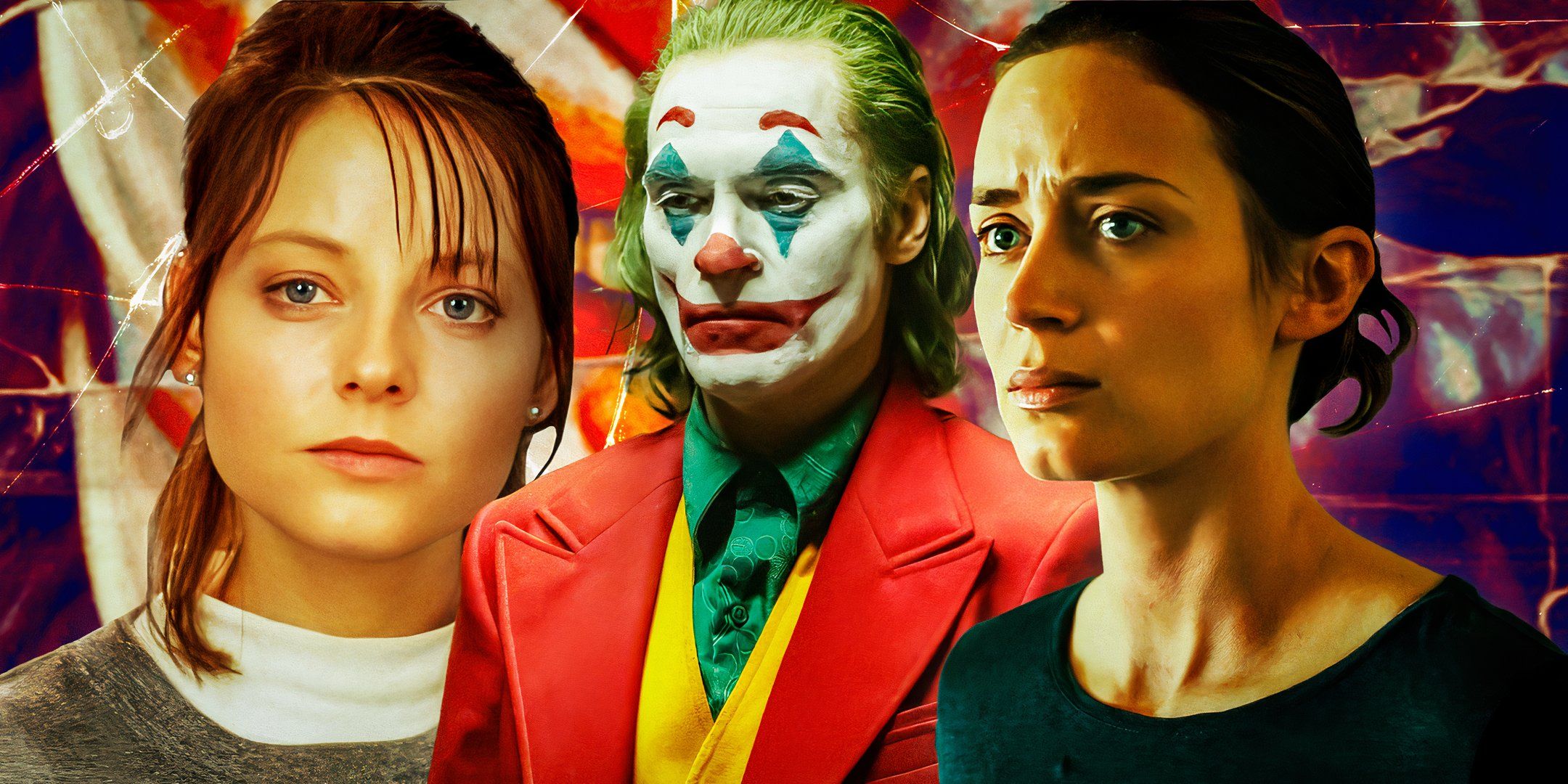  Collage of Jodie Foster in Silence of the Lambs, Joaquin in Joker, and Emily Blunt in Sicario