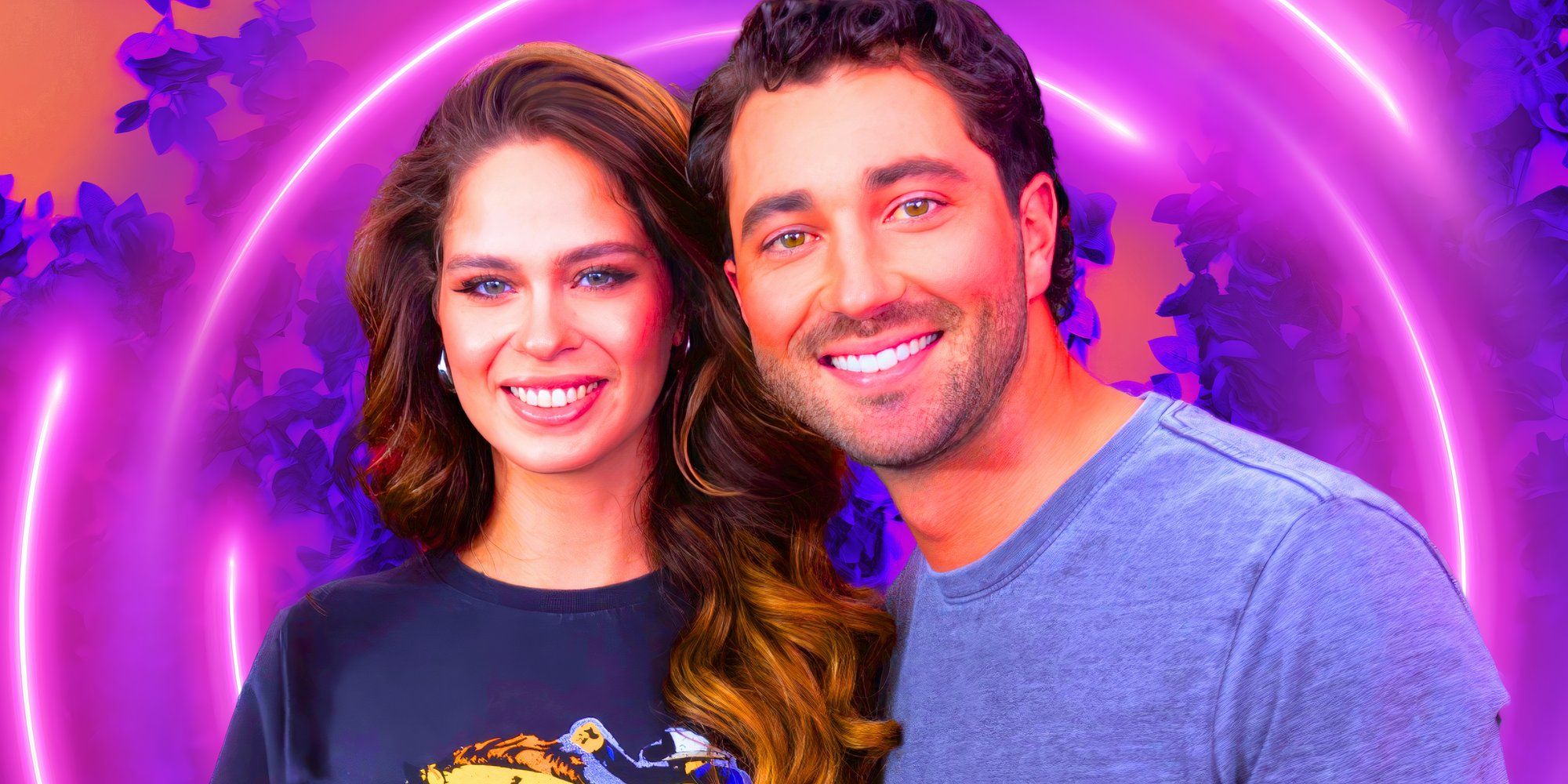 The Bachelor's Joey Graziadei and Kelsey Anderson smile in casual clothes with purple background.