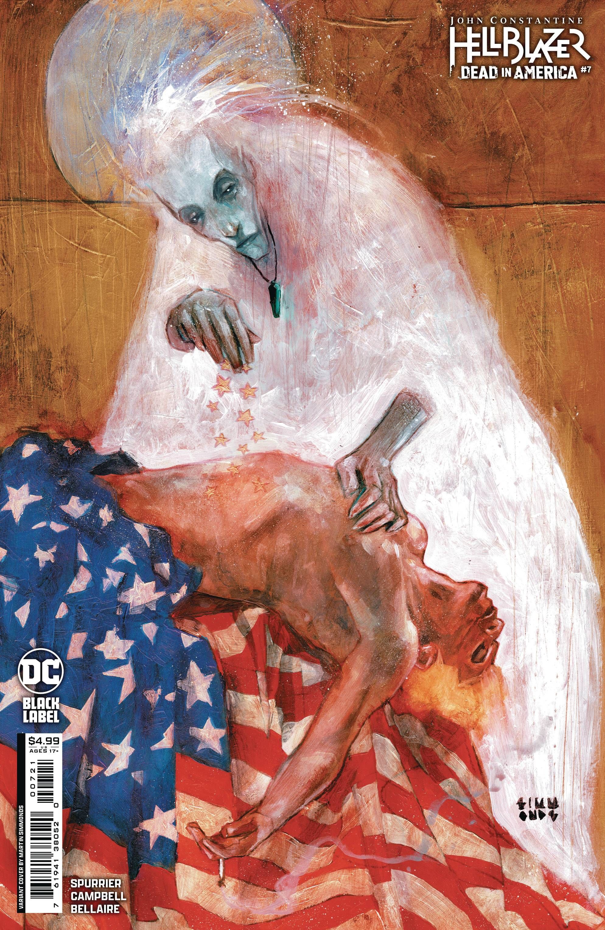 John Constantine Hellblazer morto na América 7 Capa da variante Simmonds: Constantine esfaqueado por um fantasma enquanto usava a bandeira americana.
