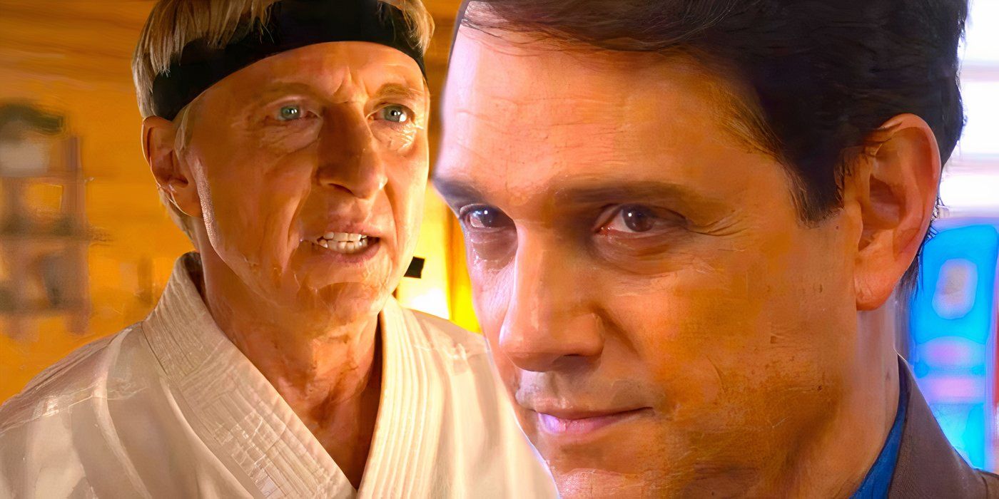 Johnny looking angry next to Daniel looking serious in Cobra Kai