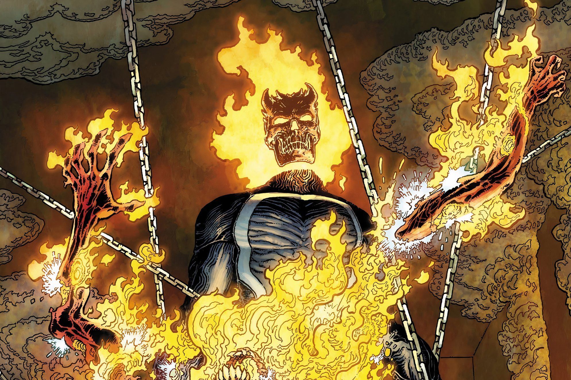 Johnny Blaze, com uma aparência infernal de Motoqueiro Fantasma, observa o leitor enquanto os demônios são engolfados pelas chamas ao seu redor.