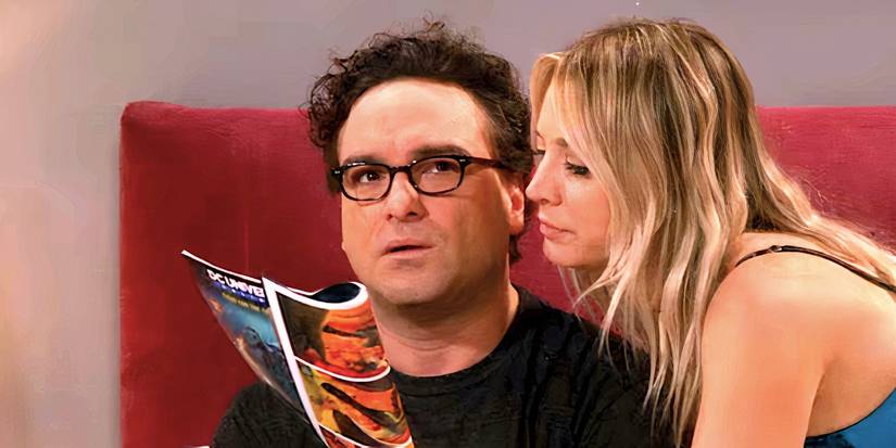 Johnny Galecki's Leonard sits on a bed as Kaley Cuoco's Penny reads a comic in The Big Bang Theory