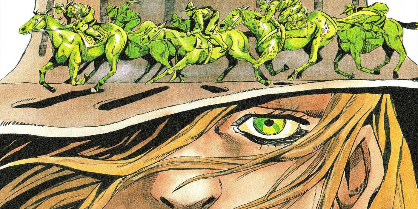 The eyes of Gyro Zeppeli with horse running along the brim of his hat.