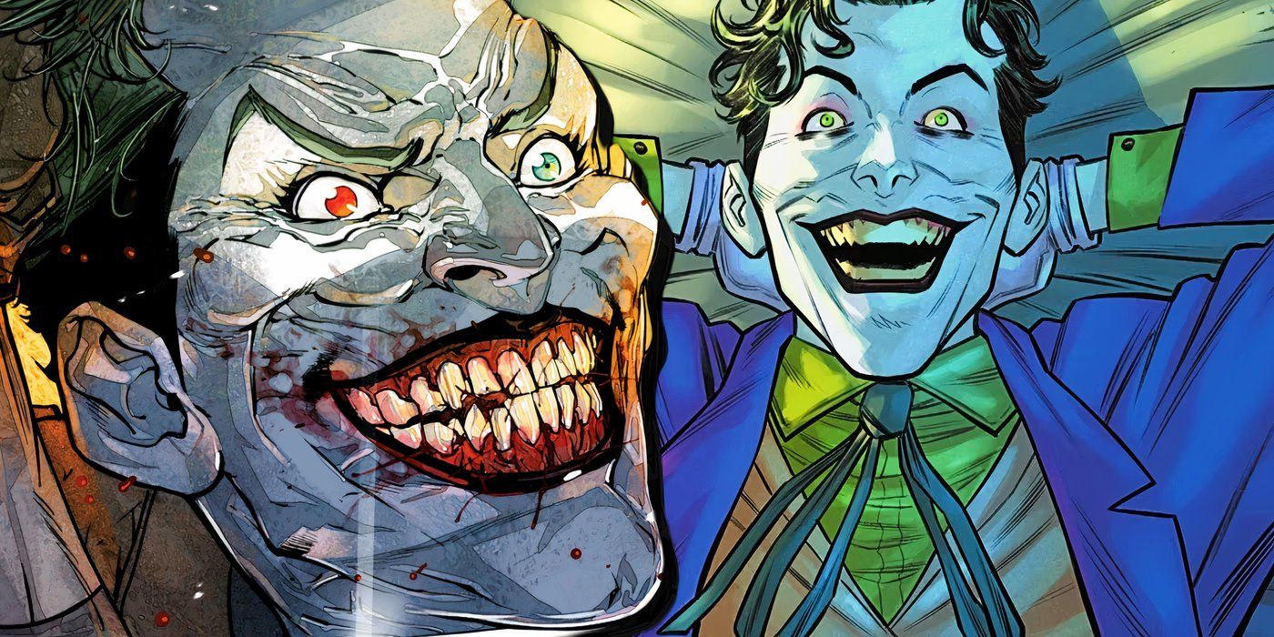 Joker smiling like a psycho to the left and relaxing laying down with his hands behind his neck to the right