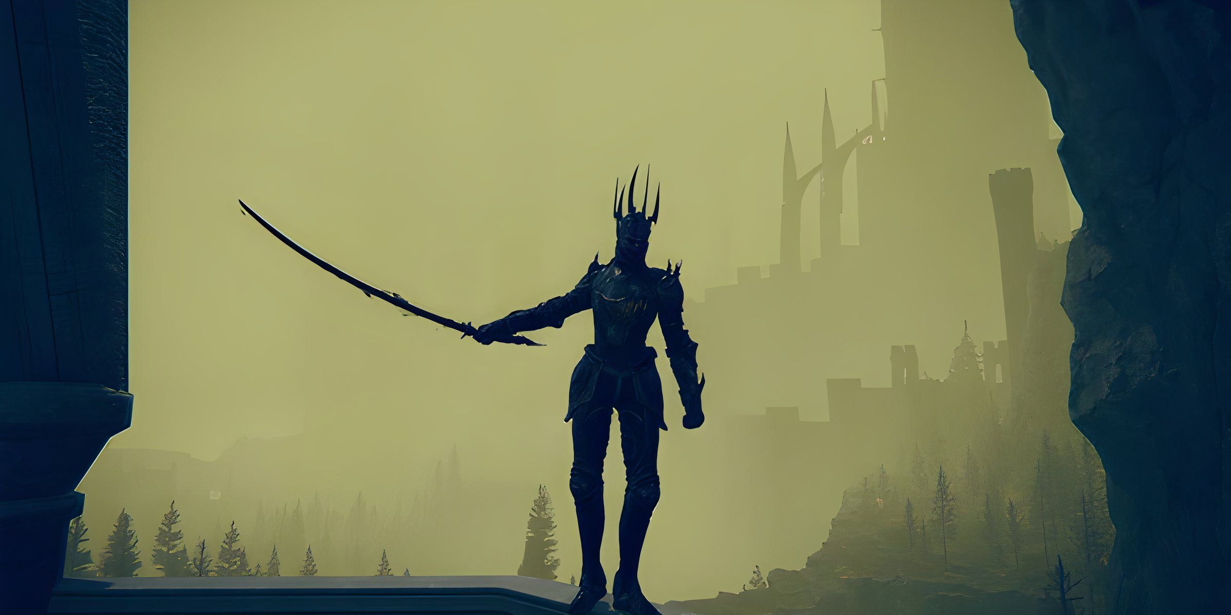 Jolan, um cavaleiro de armadura escura com um capacete com pontas, segura uma espada entre dois penhascos em Elden Ring Shadow of the Erdtree.