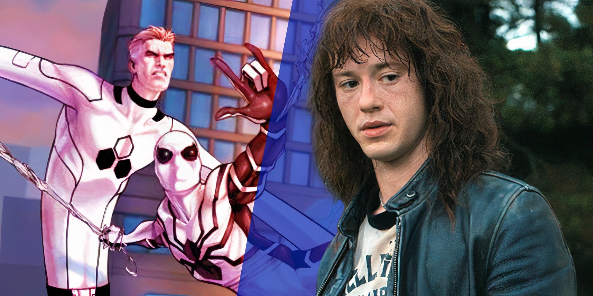 Joseph Quinn as Eddie Munson from Stranger Things season 4 (2022) next to artwork of Reed Richards and Spider-Man in the Future Foundation
