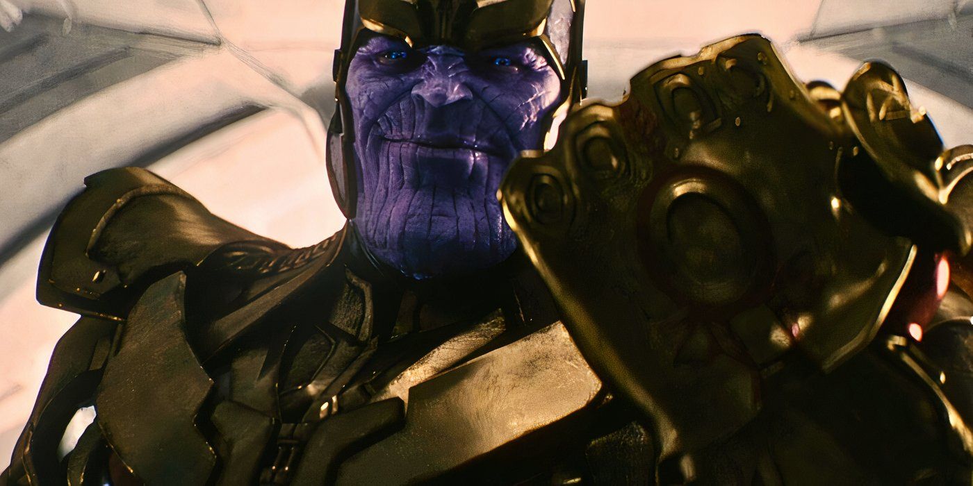Josh Brolin's Thanos with the Infinity Gauntlet on in the Avengers Age of Ultron mid-credit scene (2015)