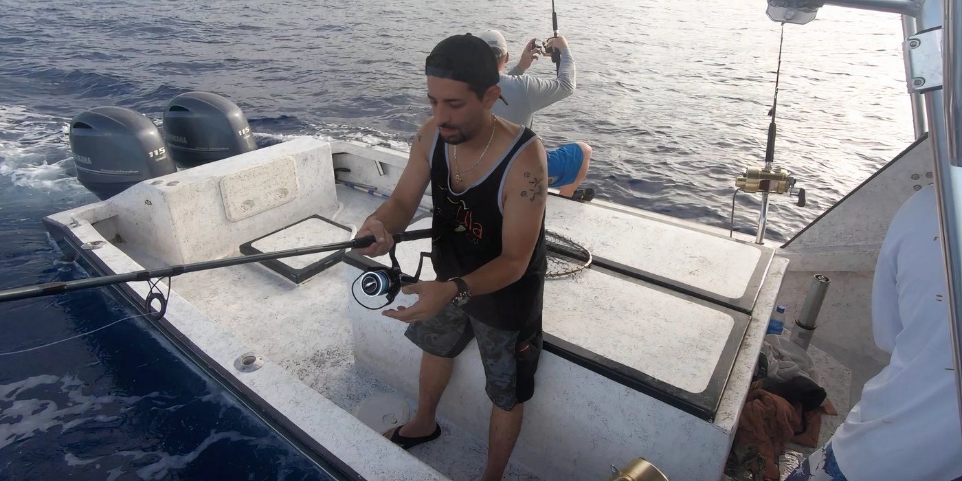 Josh Harris fishing off the side of a boat on Deadliest Catch Bloodline.