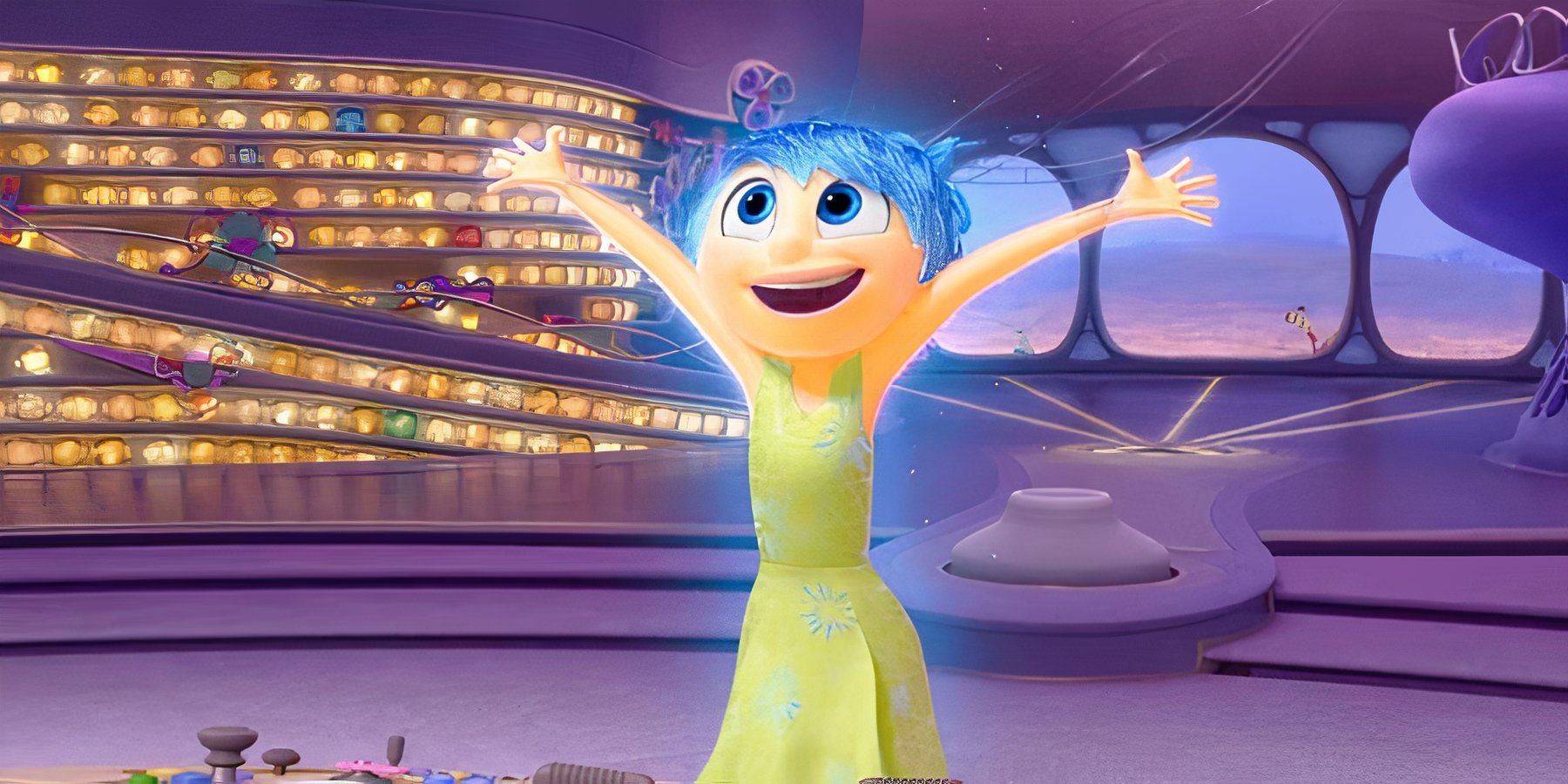 Joy with her arms up in the control room in Inside Out