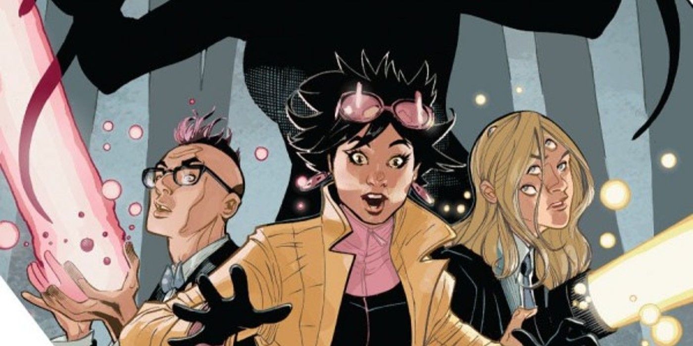 Jubilee stands surprised between two of her fellow X-Men, a shadowed threat behind them.