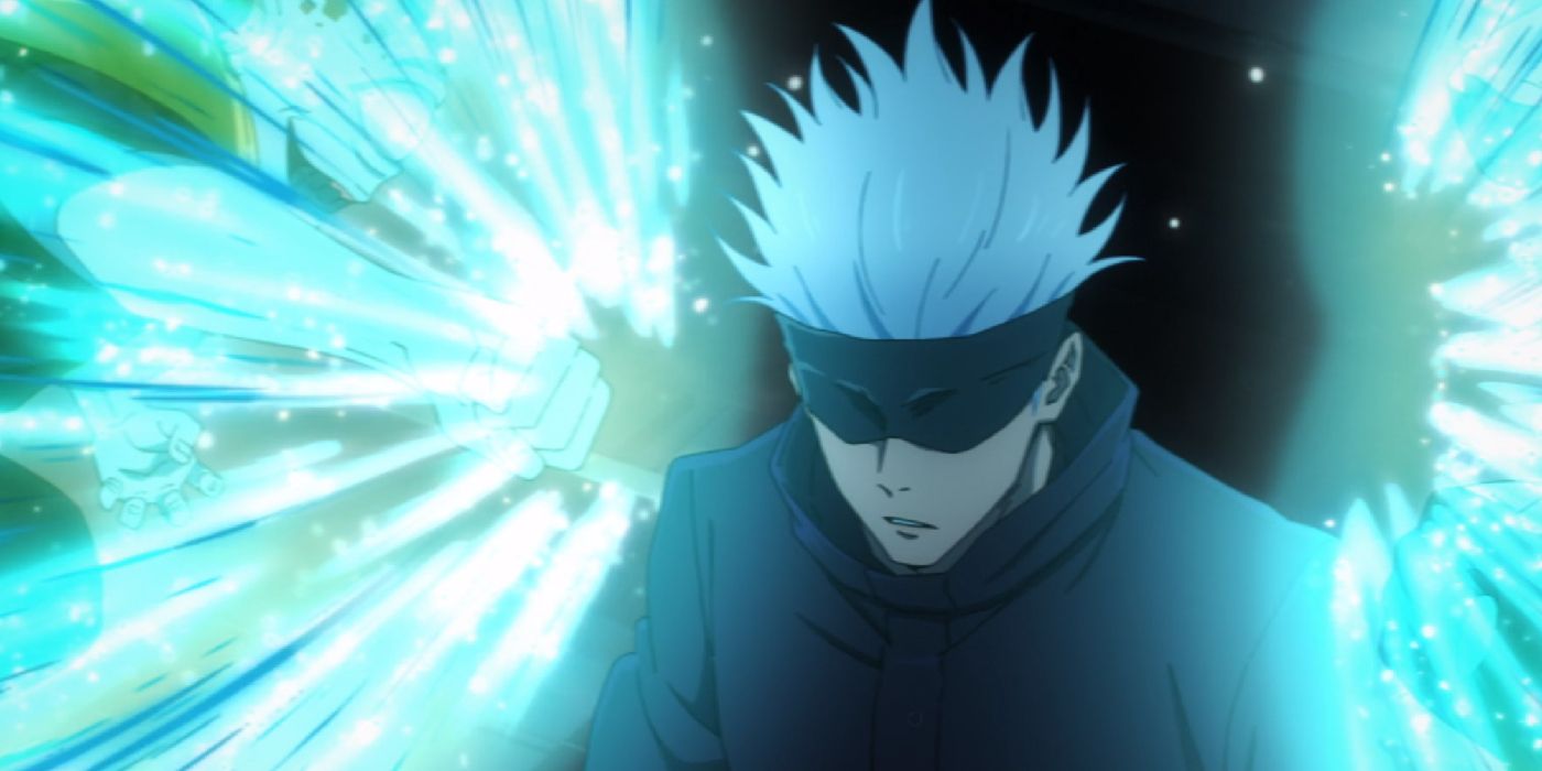 Jujutsu Kaisen's Gojo looking a little annoyed as two curses attempt to punch him with tremendous force.