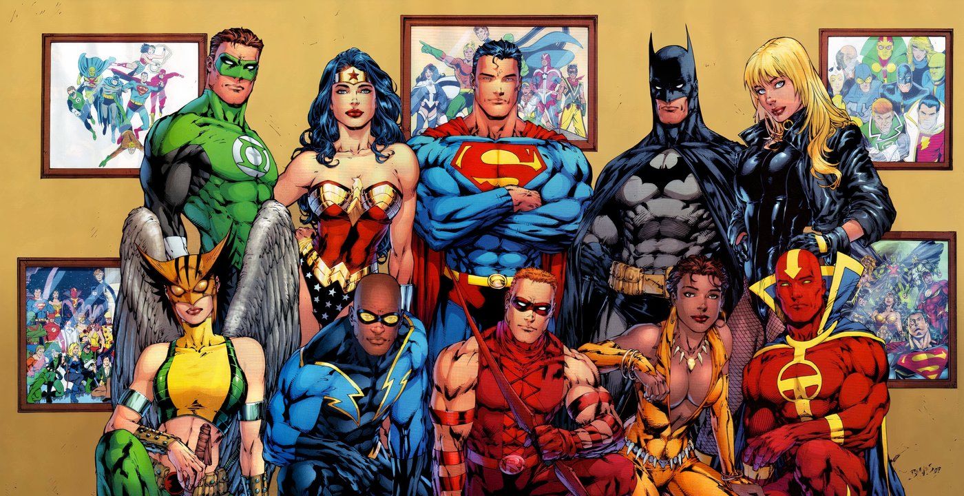 Arte de quadrinhos: uma foto em grupo dos super-heróis da Liga da Justiça da DC.