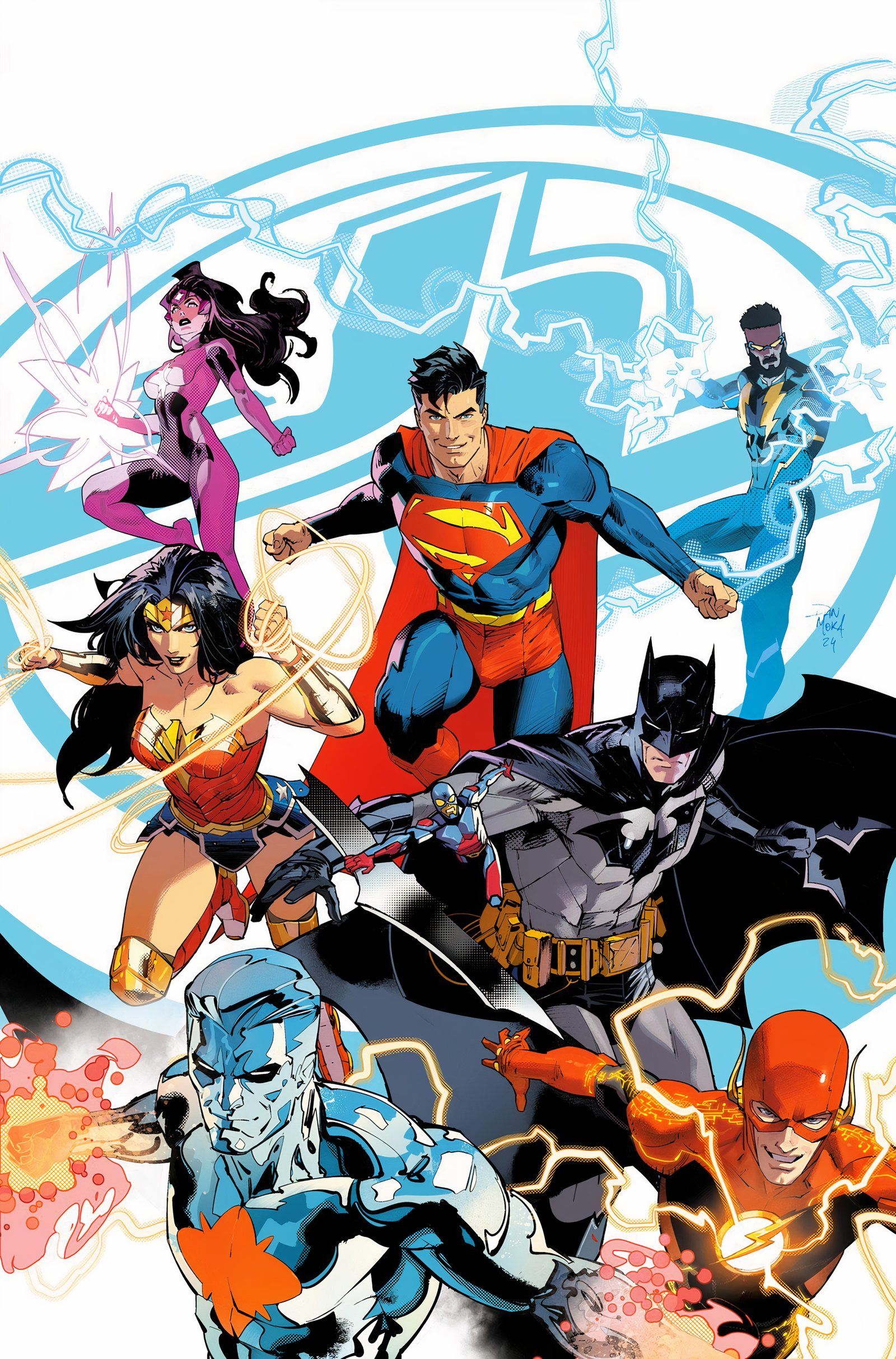 Solicitud de portada principal de Justice League Unlimited 1: Los superhéroes de la Liga de la Justicia se unen frente al logo azul de JL.