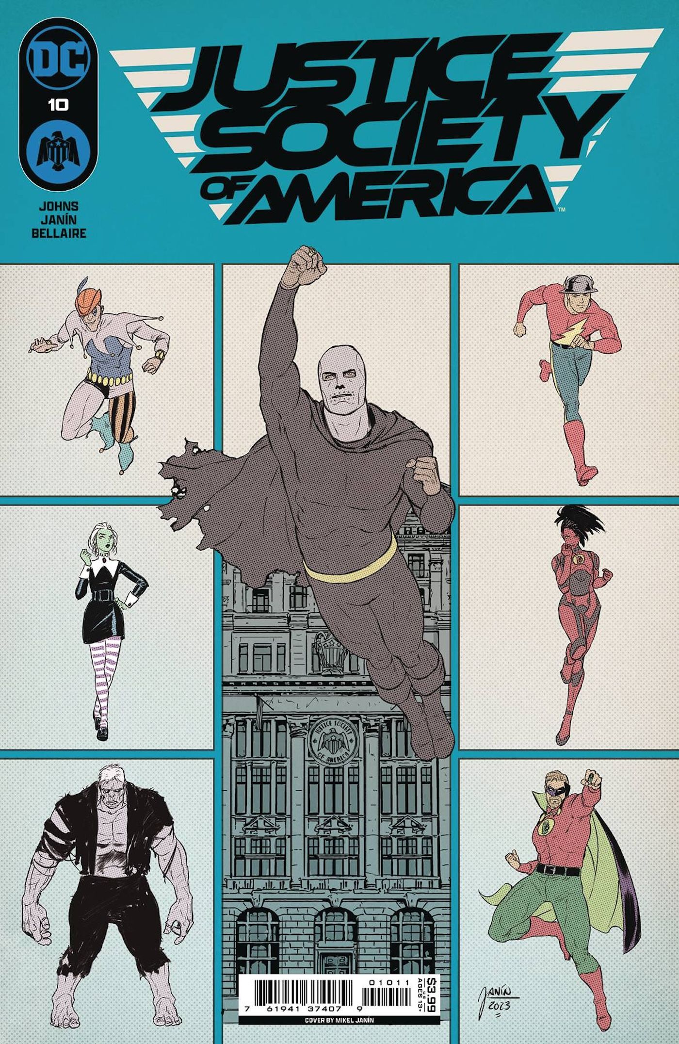 Justice Society of America 10 Main Cover: JSA members in individual boxes surrounding the team brownstone.