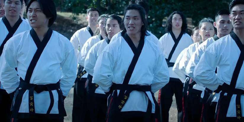 Karate students line up in Cobra Kai