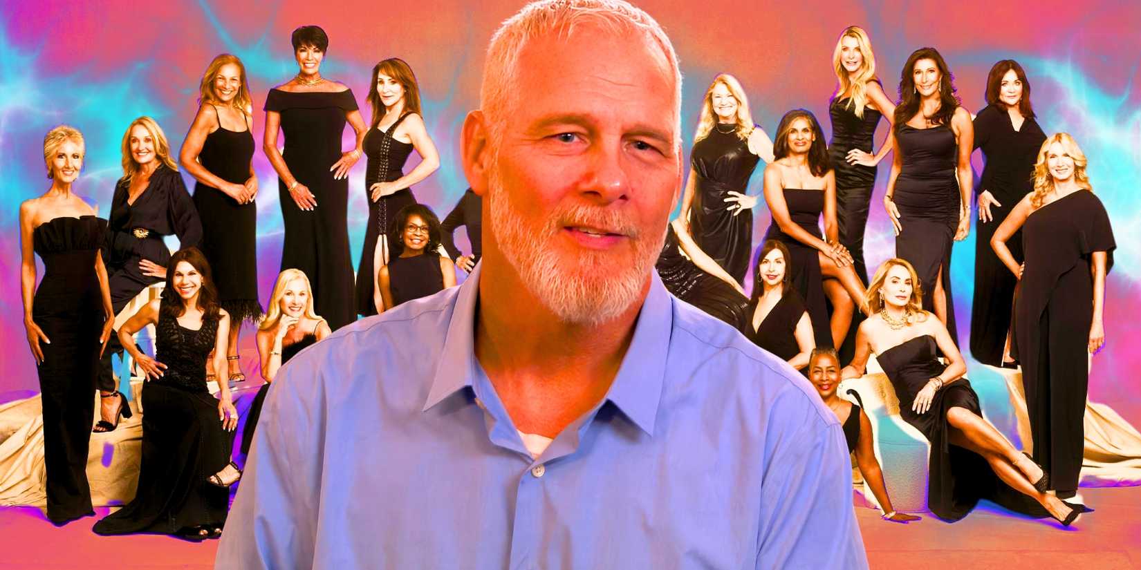 The golden Bachelorette Mark Anderson is situated in front of a group shot of The Golden Bachelor women.