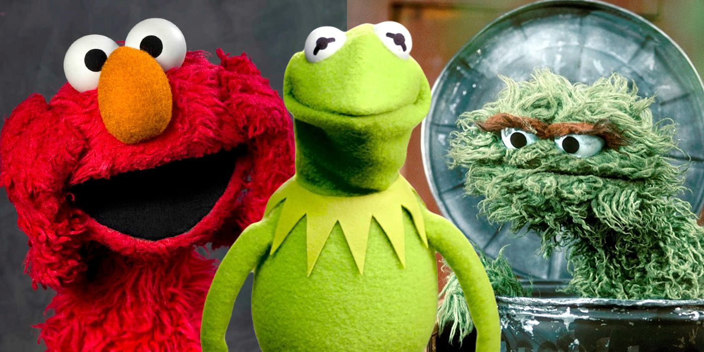 Kermit, Elmo e Oscar, o Grouch, de suas várias aparições como Muppet