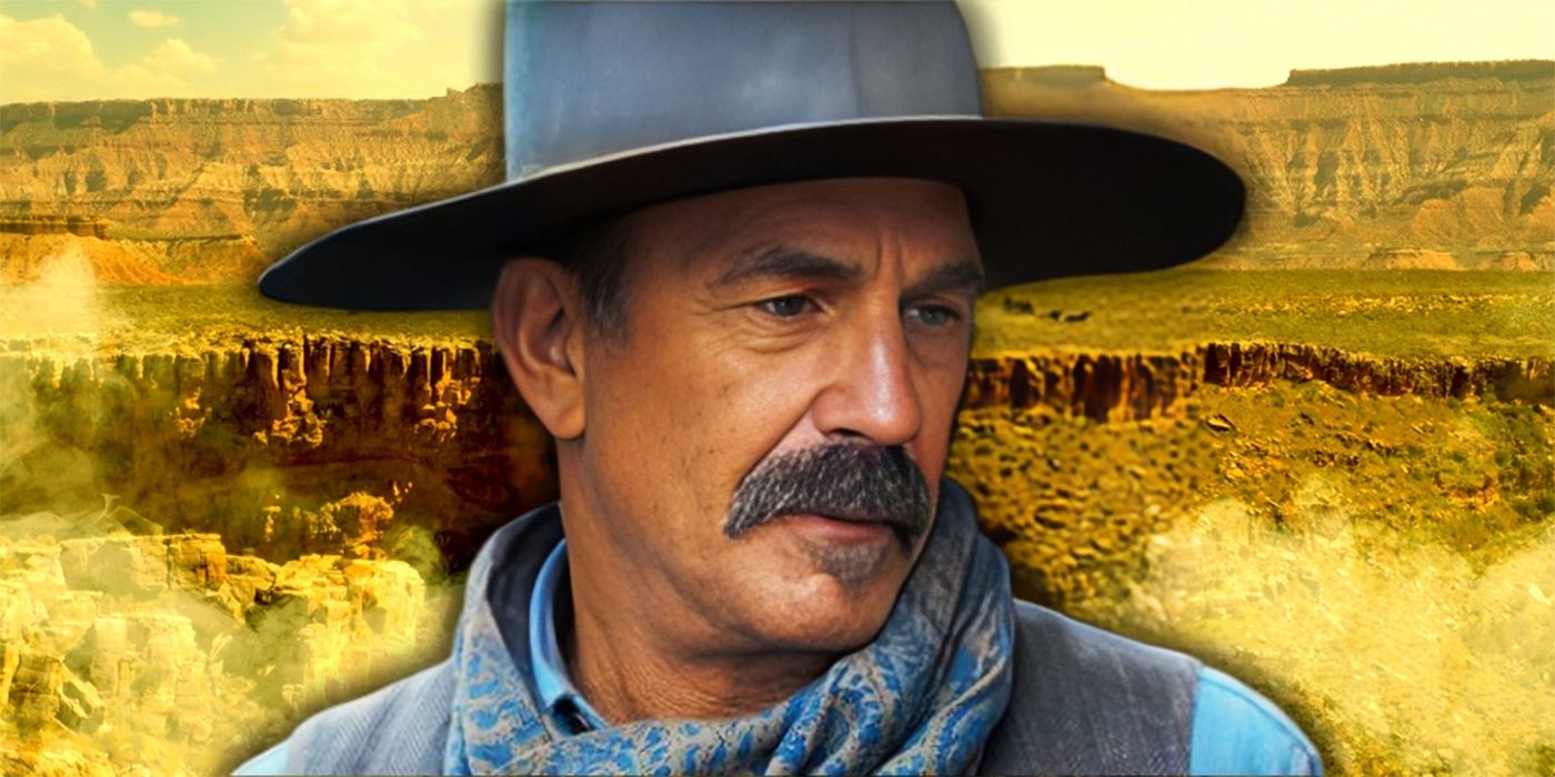 Kevin Costner in Horizon An American Saga in Front of a Yellow Canyon