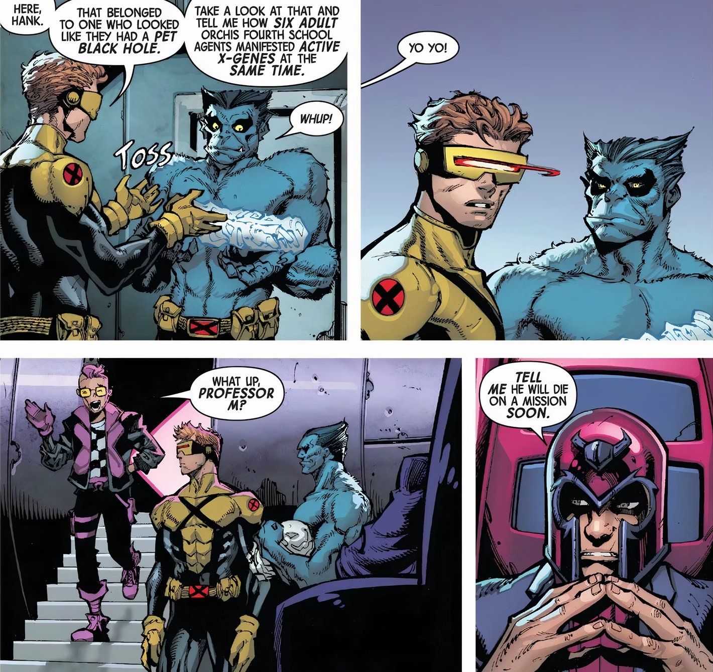 Cyclops and Beast talk about a mission, Kid Omega steps off the X-Men's plane, and Magneto sits with his fingers steepled. 