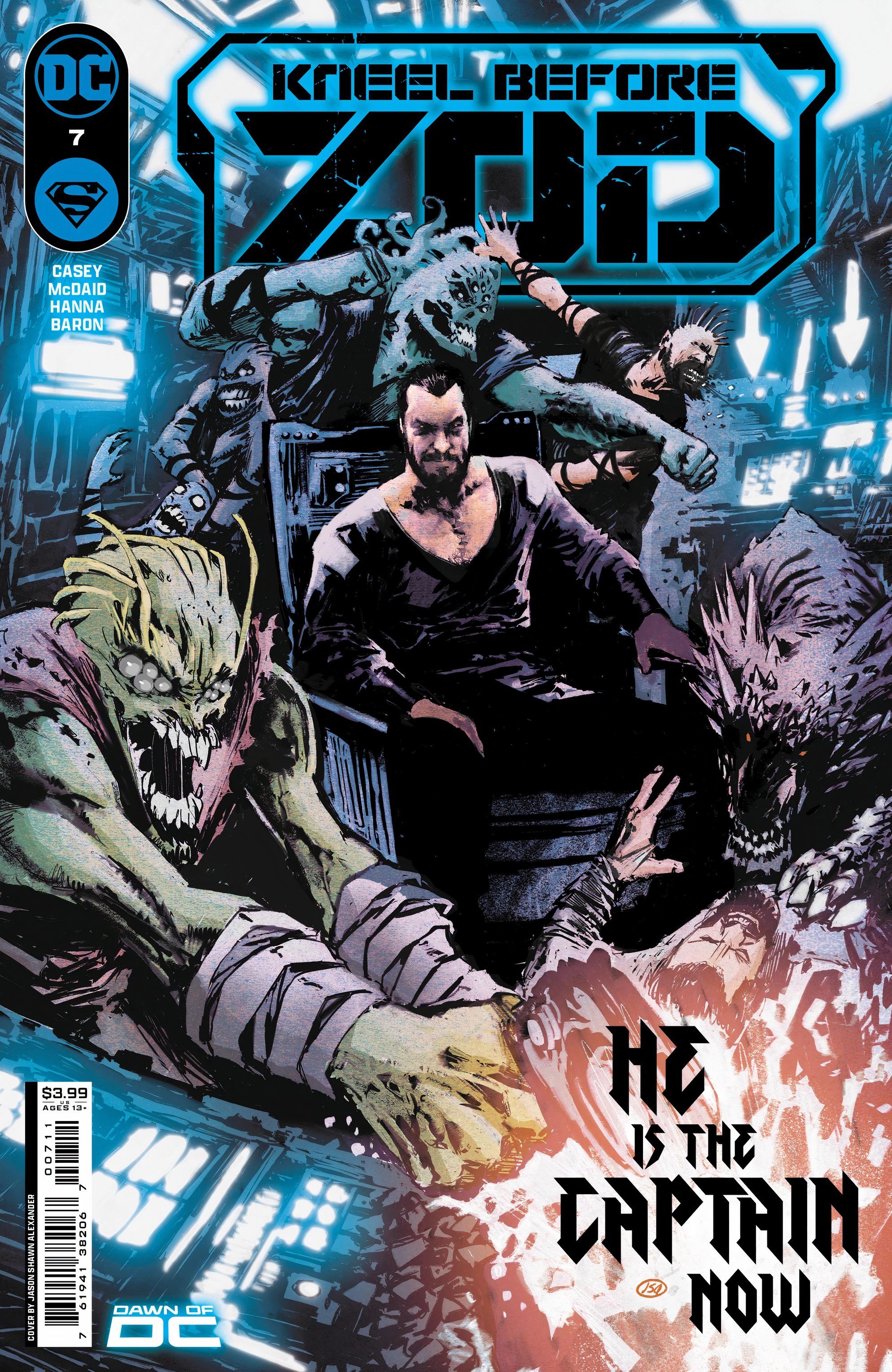 Na capa da revista Kneel Before Zod #7, o General Zod está sentado na cadeira do capitão em uma nave estelar.