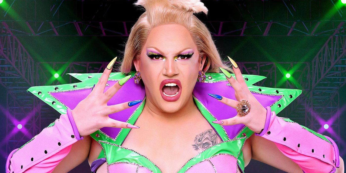 Drag Race do Canadá: Canadá vs. 2ª temporada do mundo: La Kahena em um vestido rosa, roxo e verde parece que está gritando