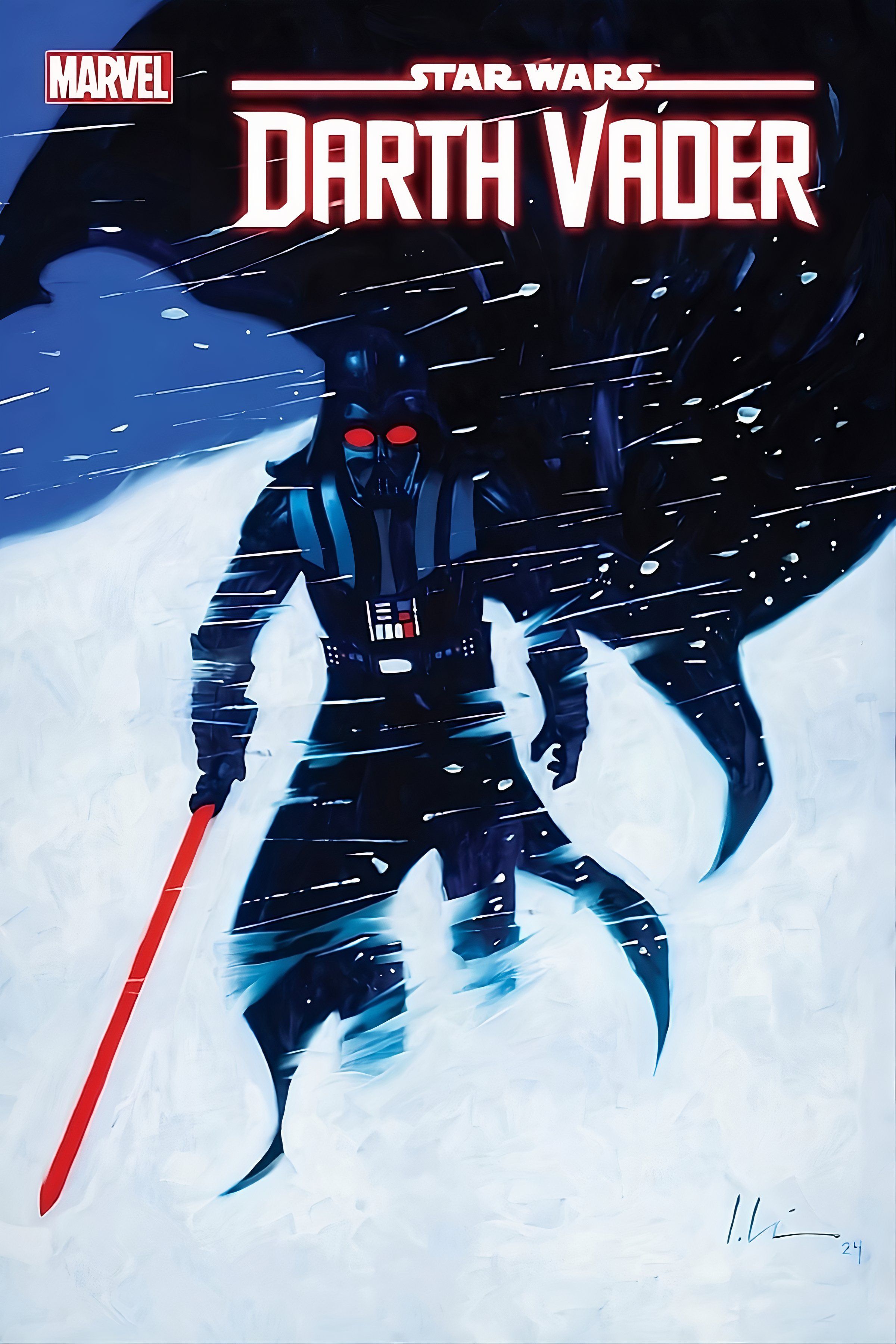 Darth Vader está em uma nevasca, empunhando seu sabre de luz vermelho.