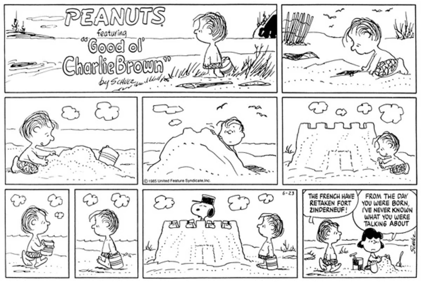 Peanuts Summer, Linus construindo uma fortaleza de areia com Snoopy tomando conta dela.