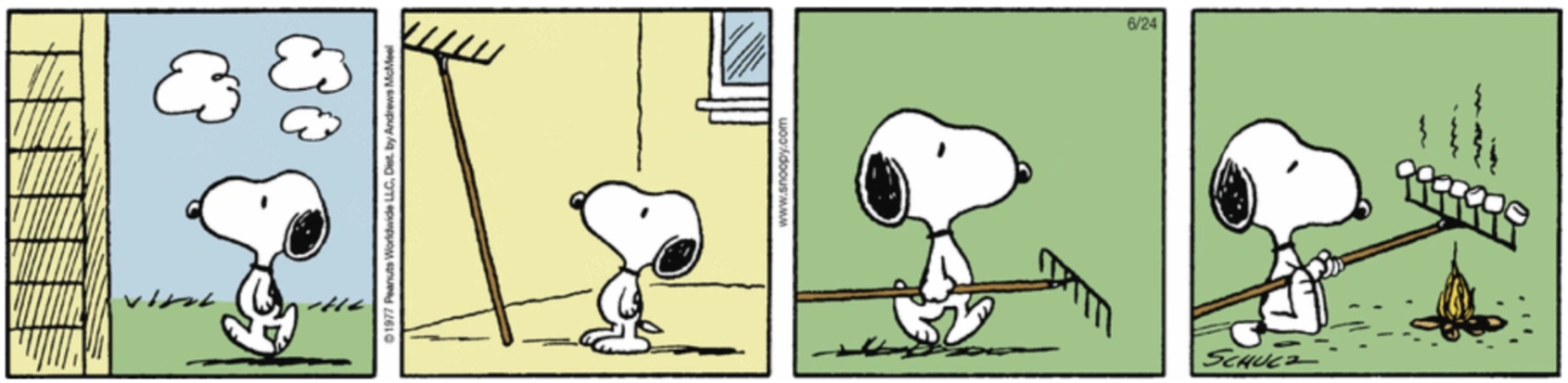 No Peanuts Summer, Snoopy usa um ancinho como suporte para torrar seus marshmallows no fogo.