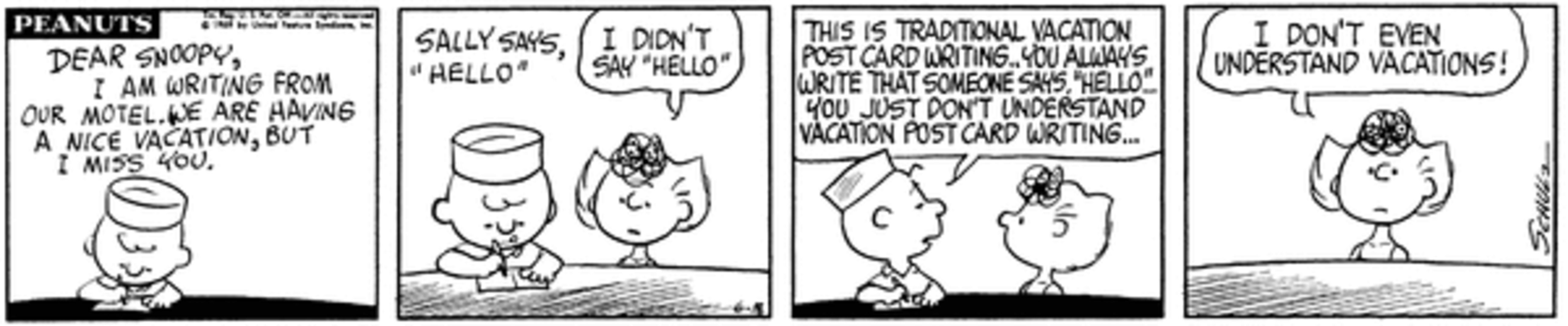 Peanuts Summer, Charlie Brown escrevendo um cartão postal para Snoopy enquanto está de férias com uma Sally confusa.